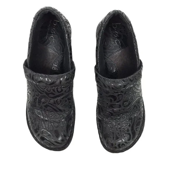 b.o.c. Born Concept Black Peggy Clogs Tooled Leather Slip On Shoes Women Size 7 - Picture 3 of 12